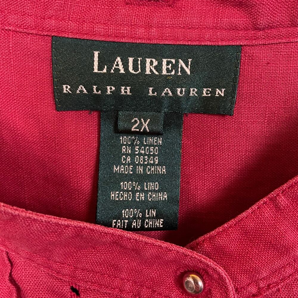 Ralph Lauren Women's 100% Linen Red Pintuck Mandarin Collar Blouse Top Size 2X - Picture 5 of 12